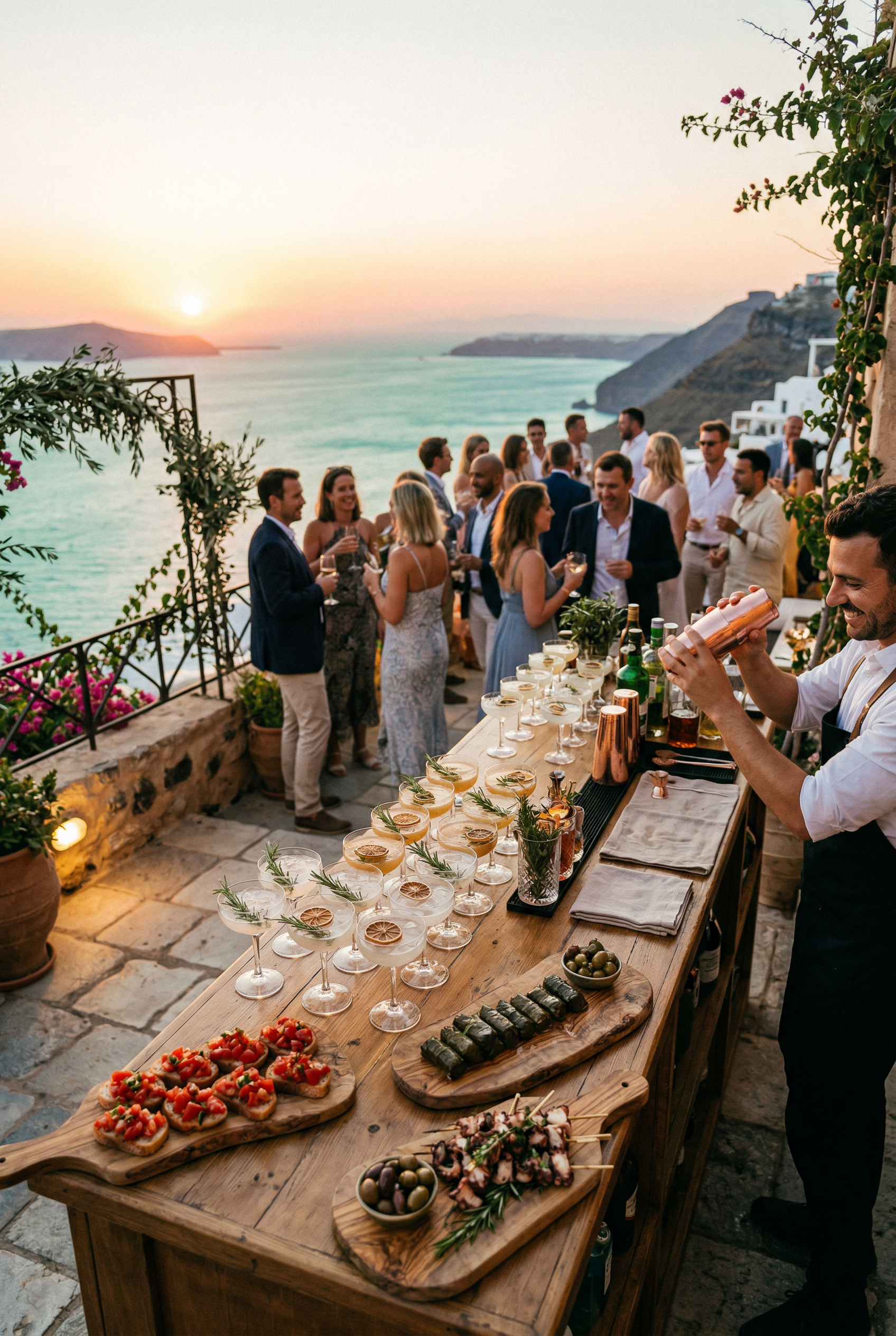 Deniz manzarali teras uzerinde kokteyl resepsiyonu