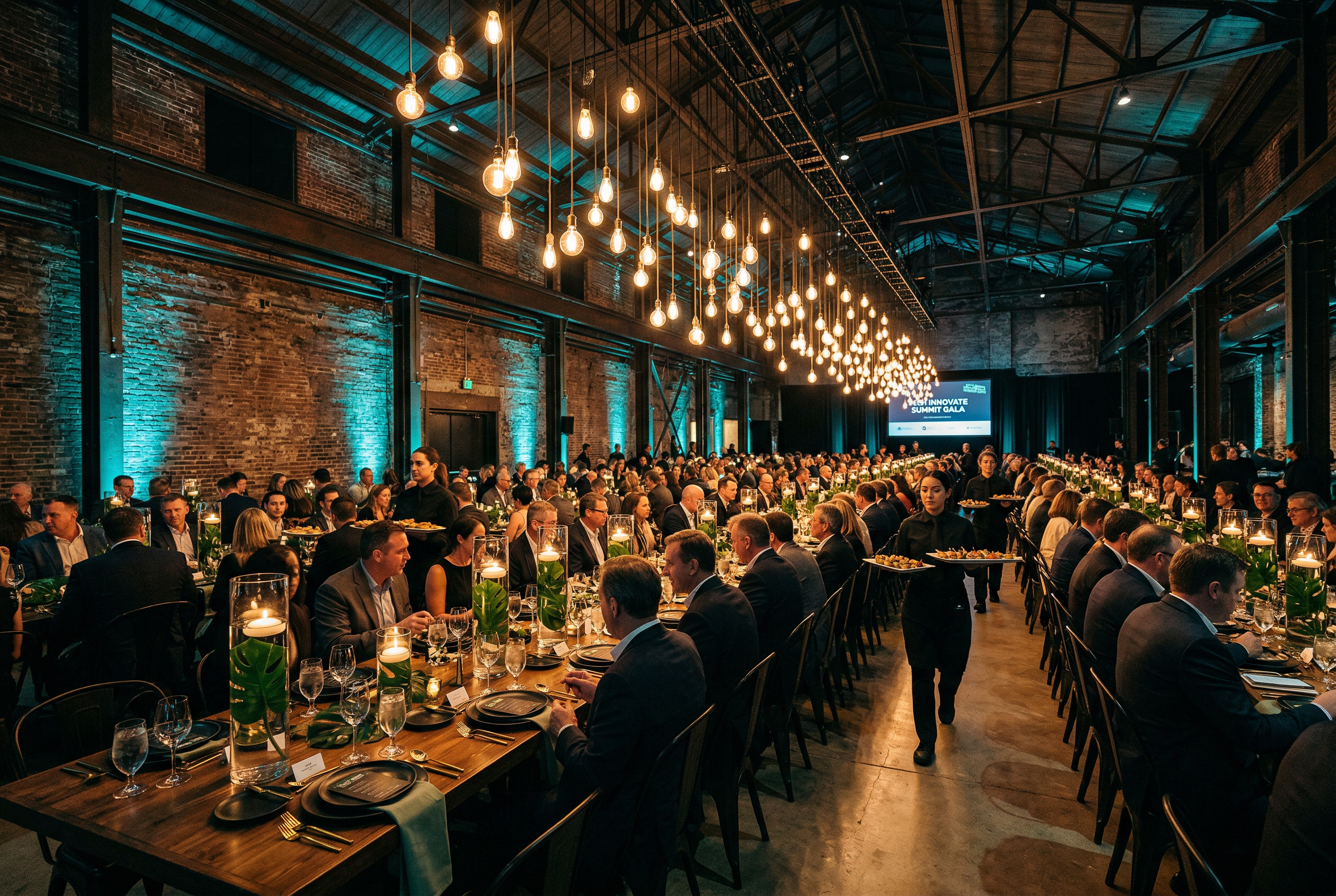 Isiklandirilmis gala salonu ihtisamli masa duzeniyle