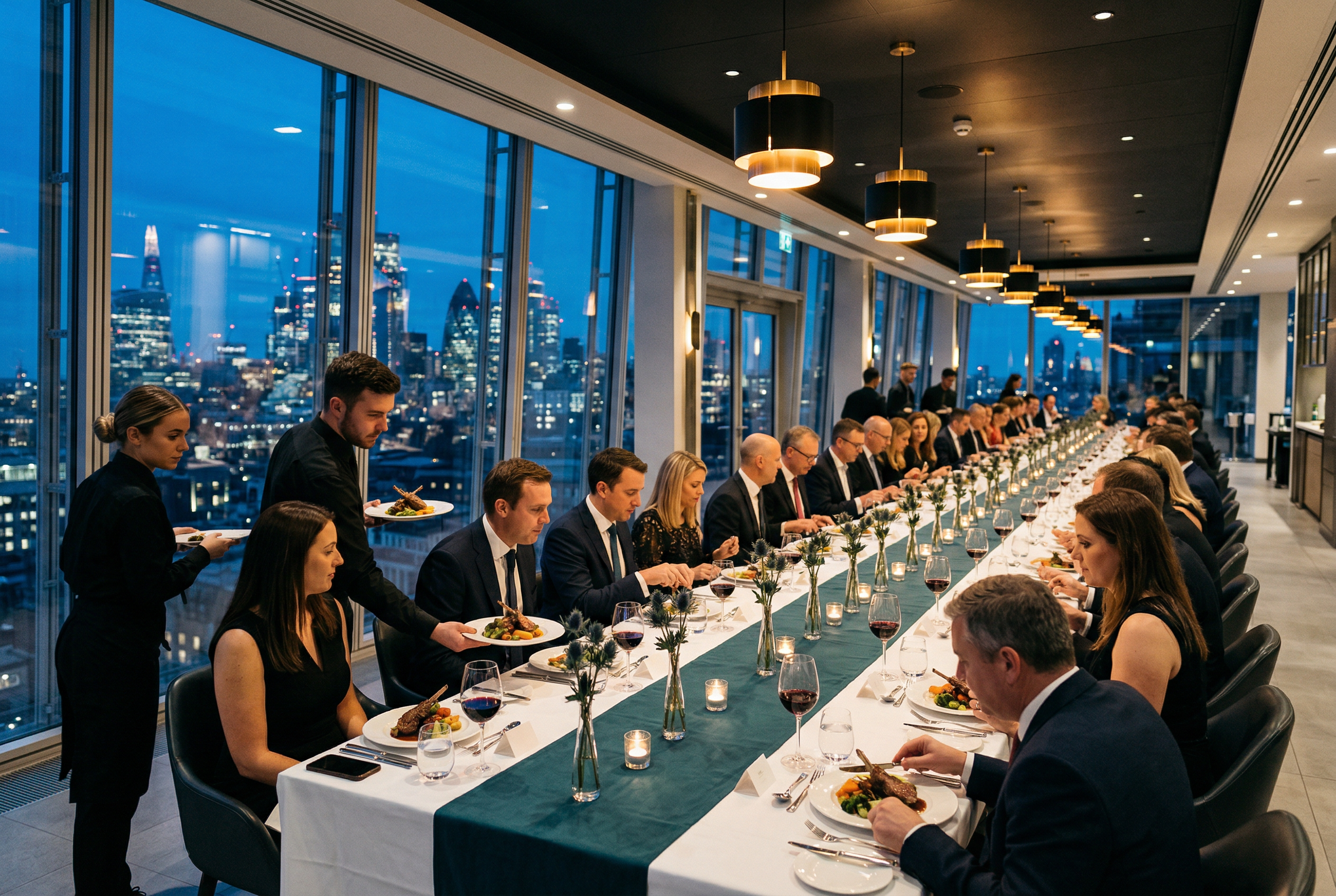 Kurumsal gala gecesinde servis yapilan uzun masa