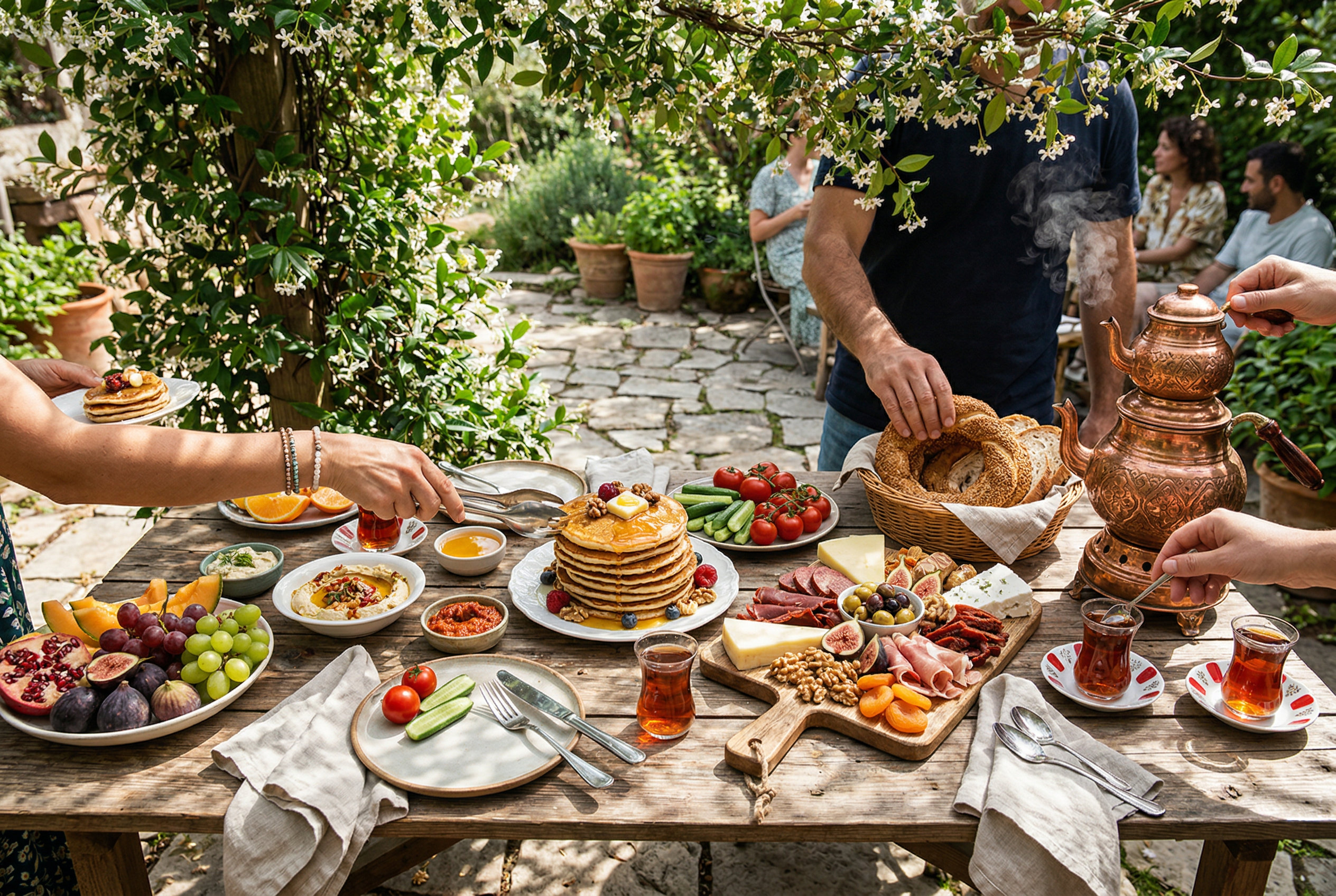 Sabah isiginda acik havada brunch masasi cesitli yiyeceklerle