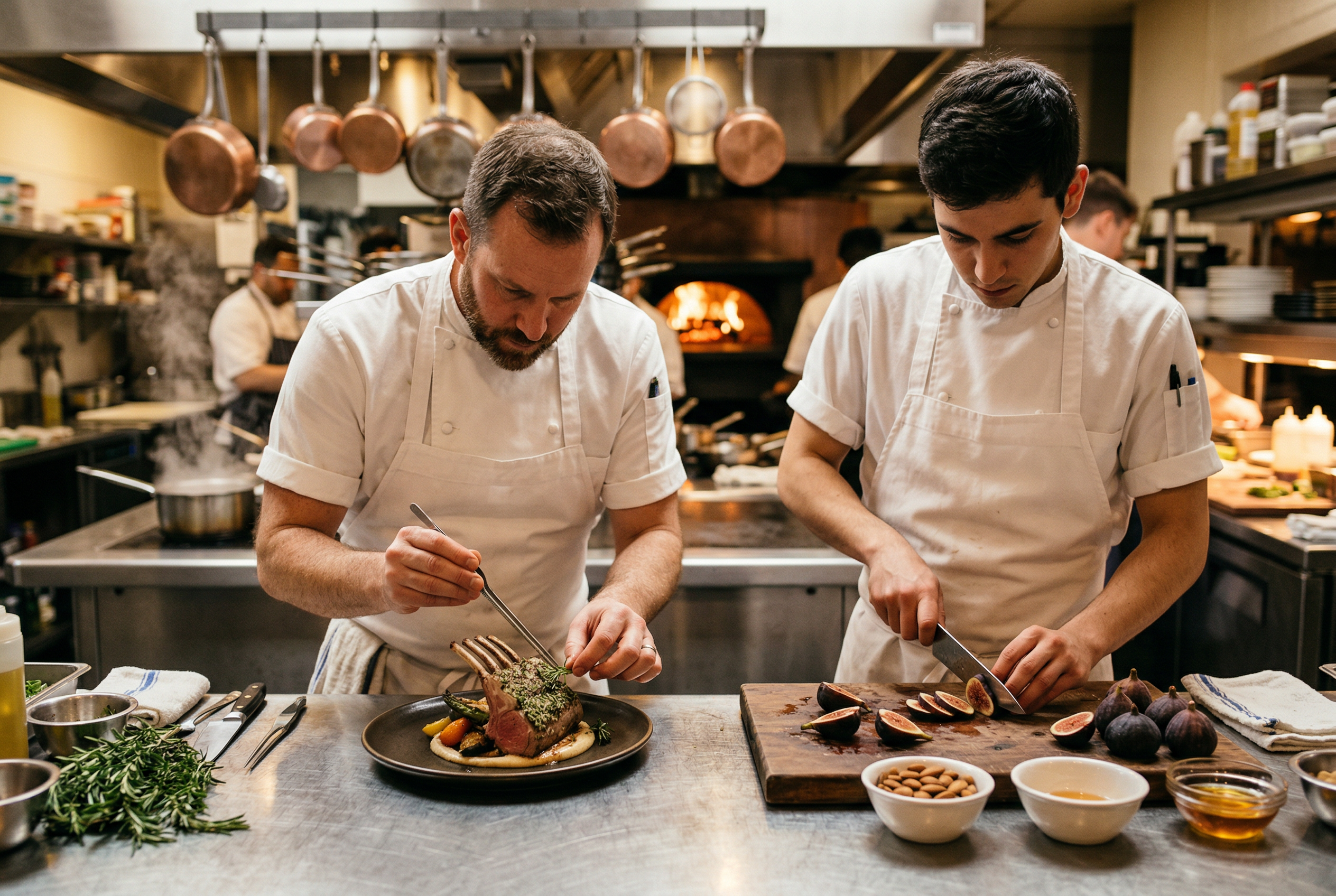 Profesyonel mutfakta yemek hazirlayan iki sef