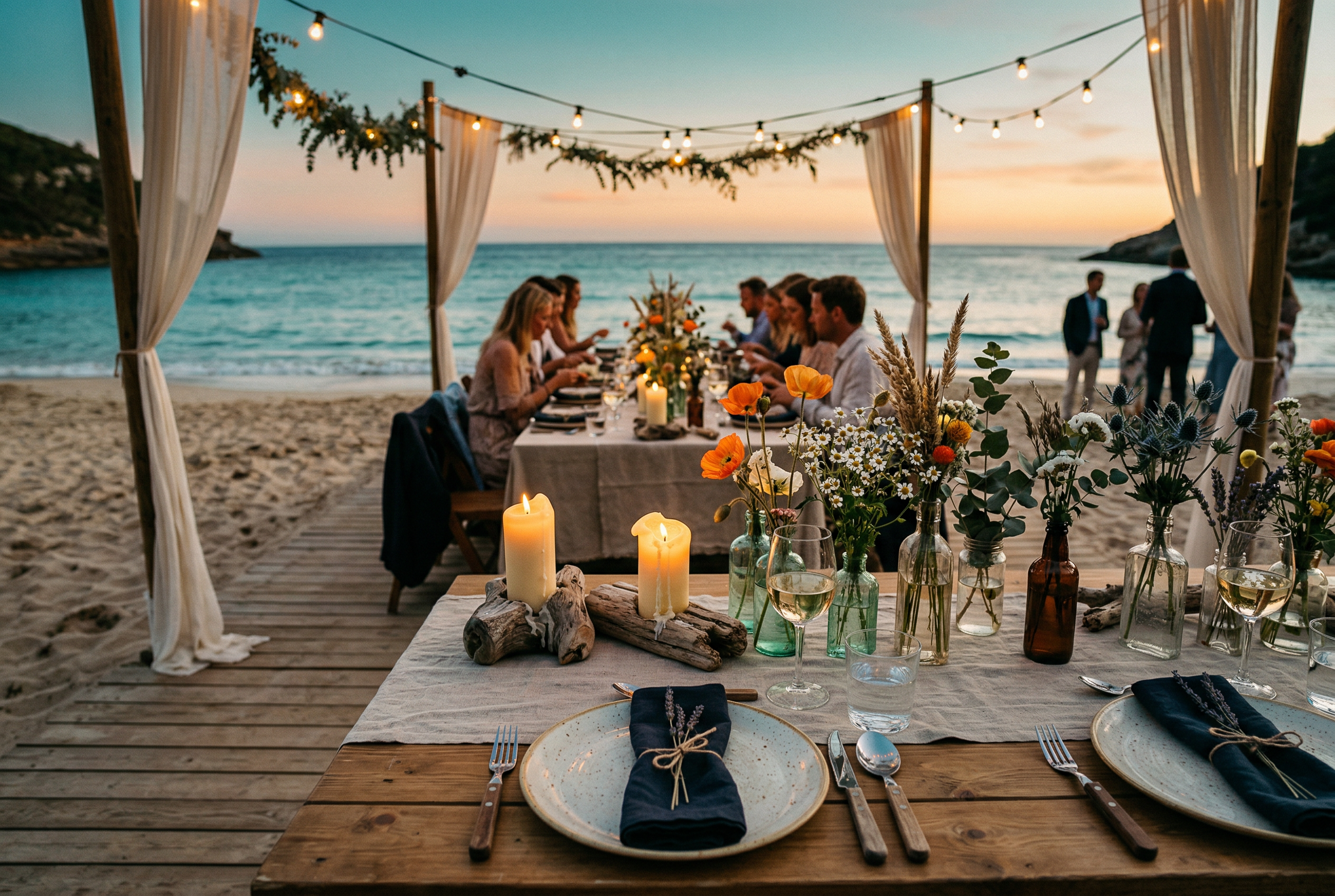 Sahilde kurulmus romantik dugun yemek masasi