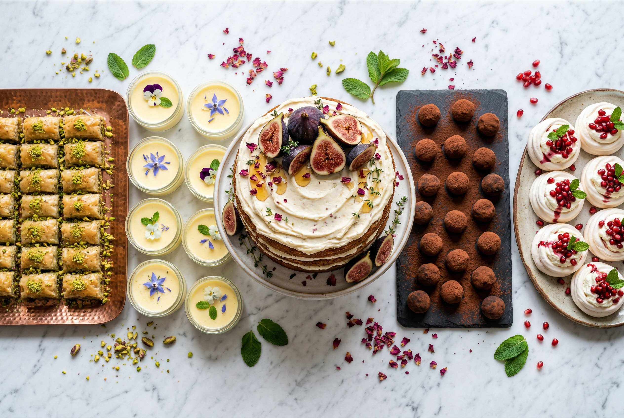 Ozenle dizilmis tatli bufesi uzerindeki pastalar ve tatlilar